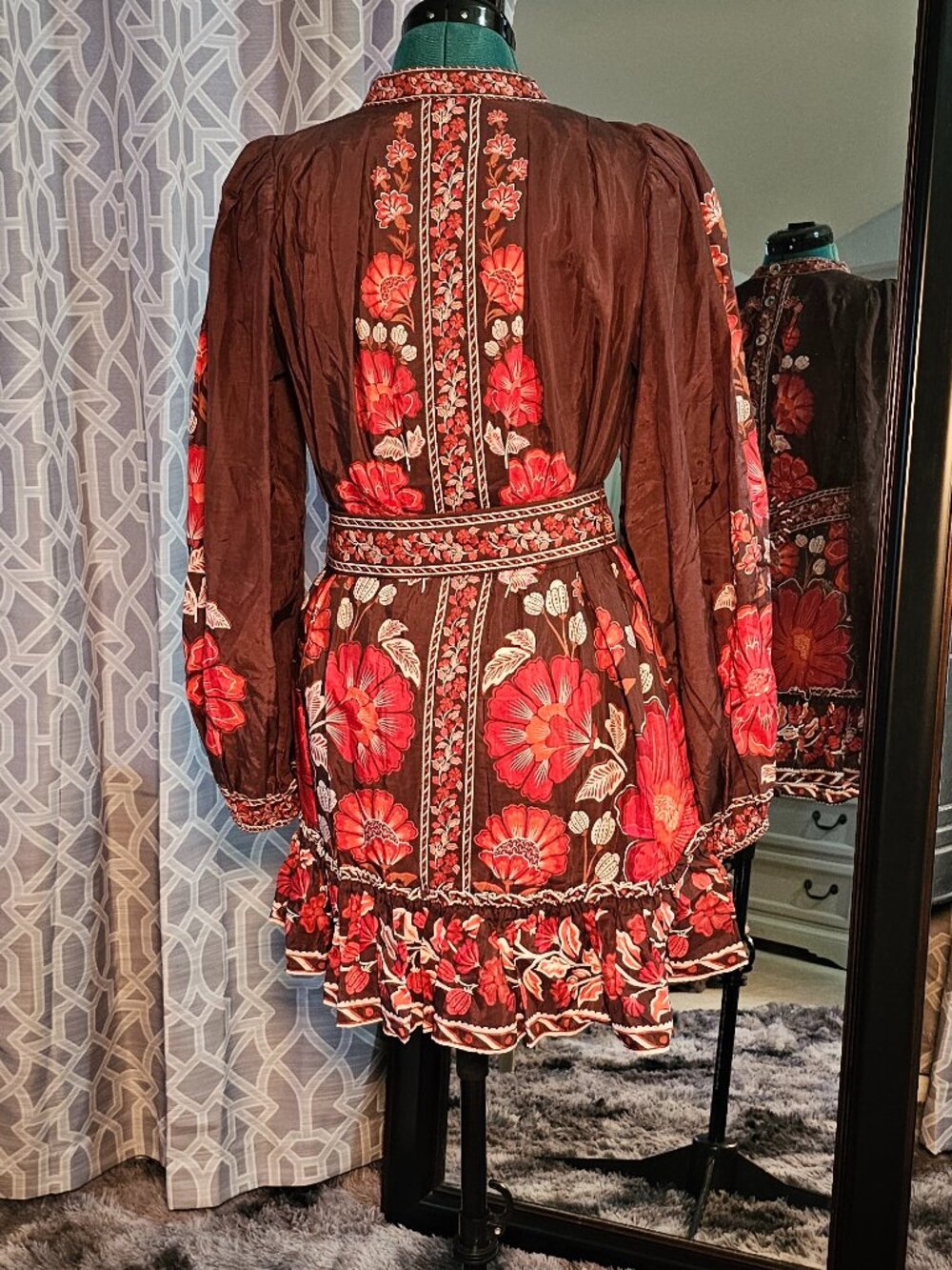 FARM Rio Gigi Tapestry Brown Button‑Front Mini Dress w/ Original Statement Belt - Picture 4 of 7